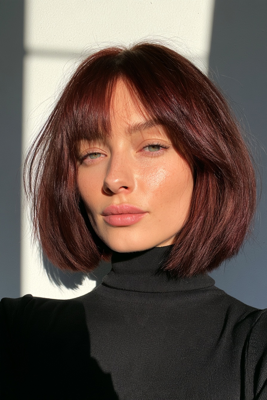 Woman with a burgundy brown bob with fringe in a black turtleneck