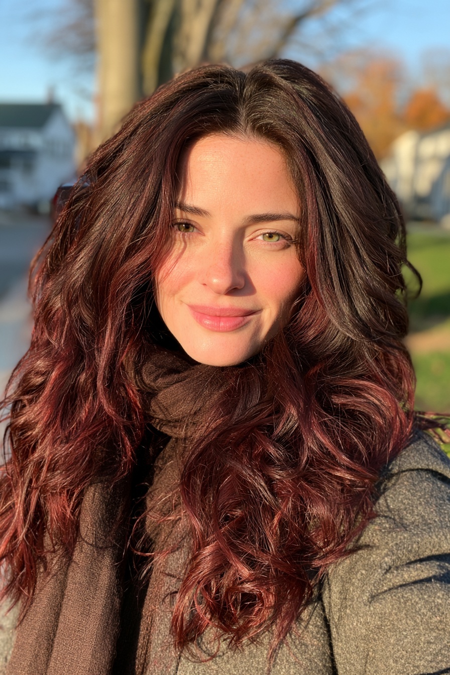 Woman with burgundy highlights through dark brown loose waves outdoors in autumn