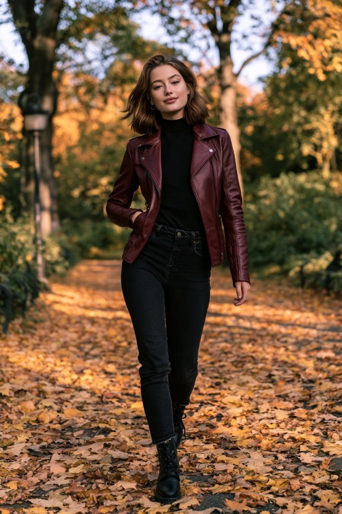 Woman in a burgundy leather jacket with a black turtleneck, black jeans and boots in an autumn park