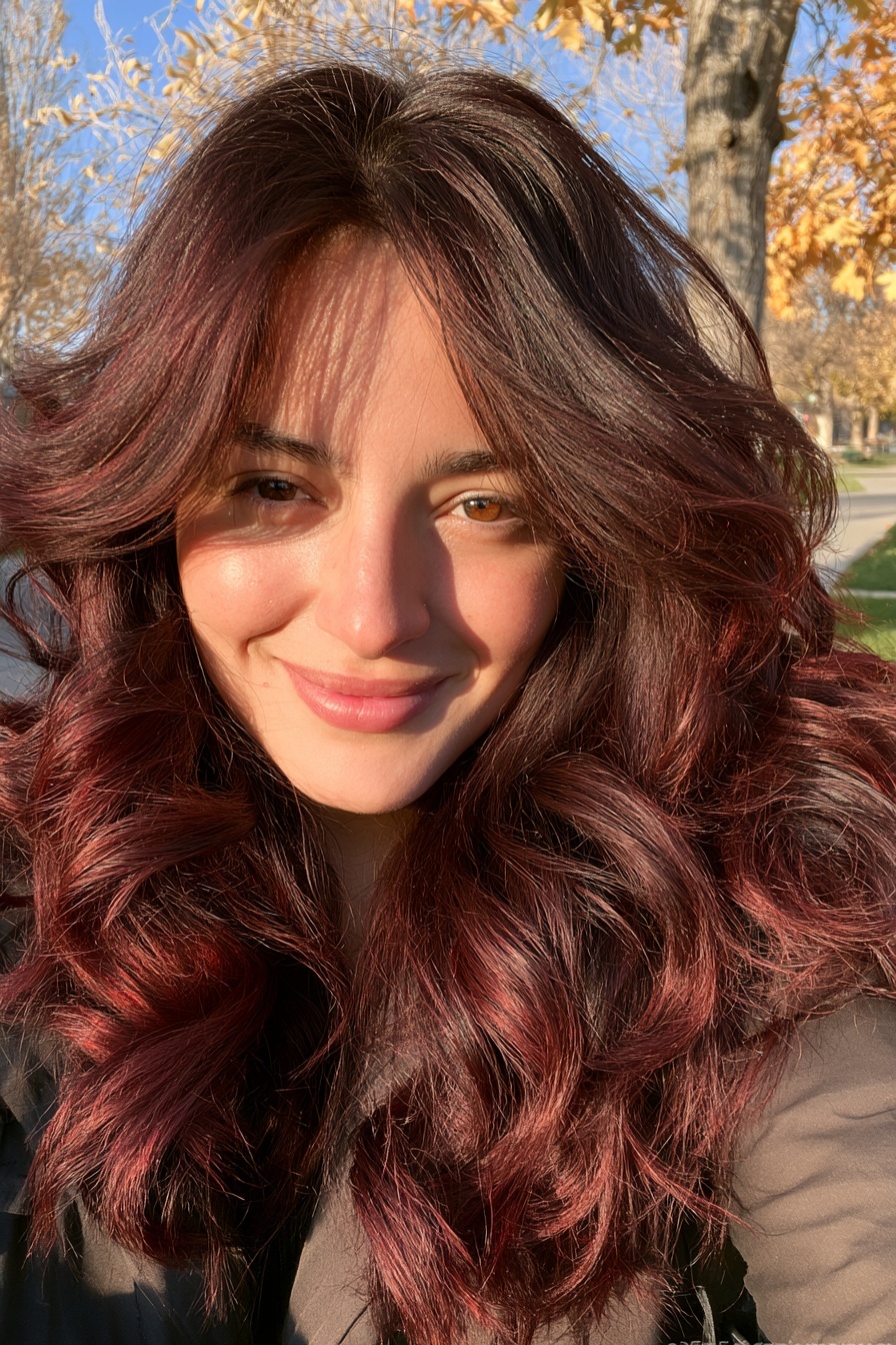 Woman with burgundy toned loose curls smiling in front of autumn trees