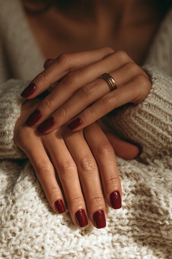 Hands resting on a cream knit sweater with short rounded glossy burgundy nails and a gold ring
