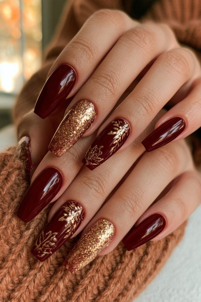 Hands resting on a rust knit sweater showing long coffin nails in glossy burgundy with gold glitter accent nails and gold leaf line designs
