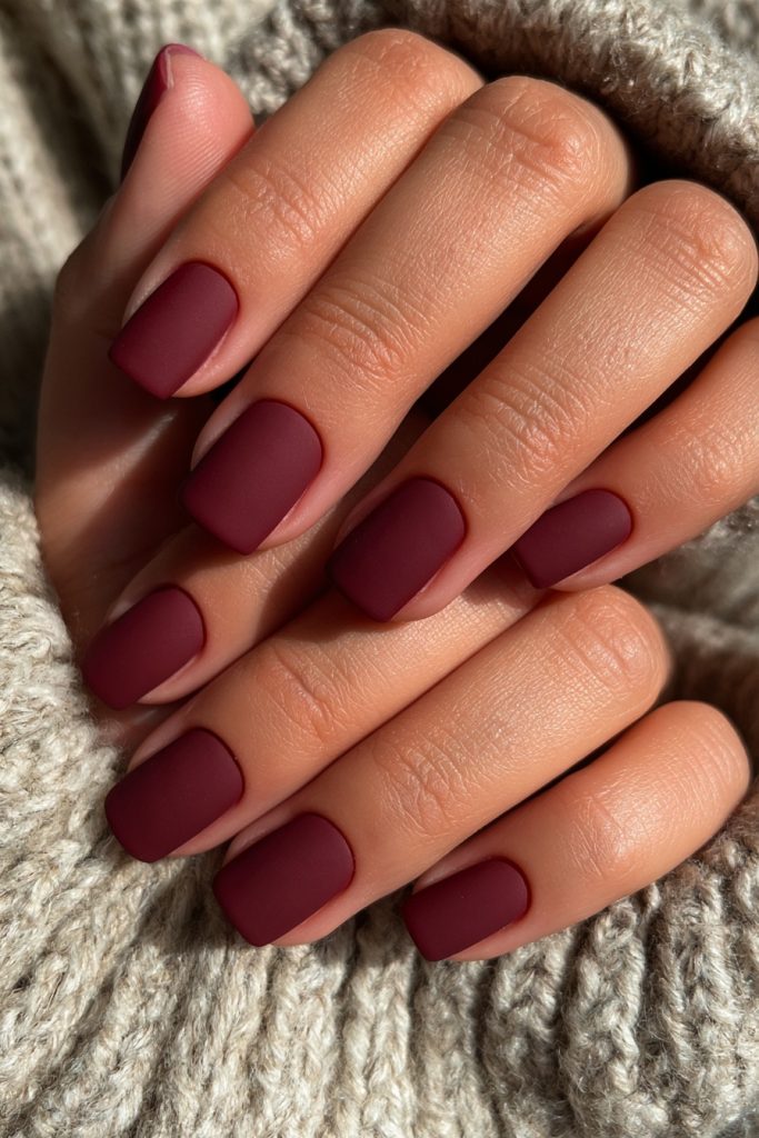 Hands in a grey knit sweater showing short squoval nails in a flat matte burgundy finish