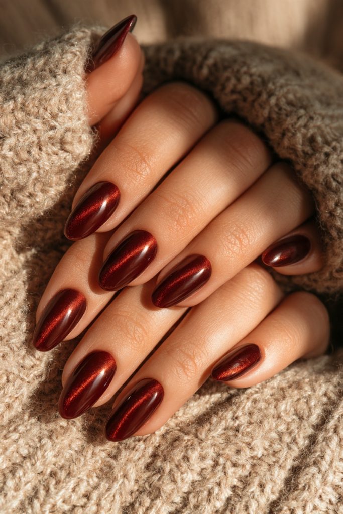 Hands in a beige knit sweater showing almond nails in burgundy with soft reflective streaks of light across each nail