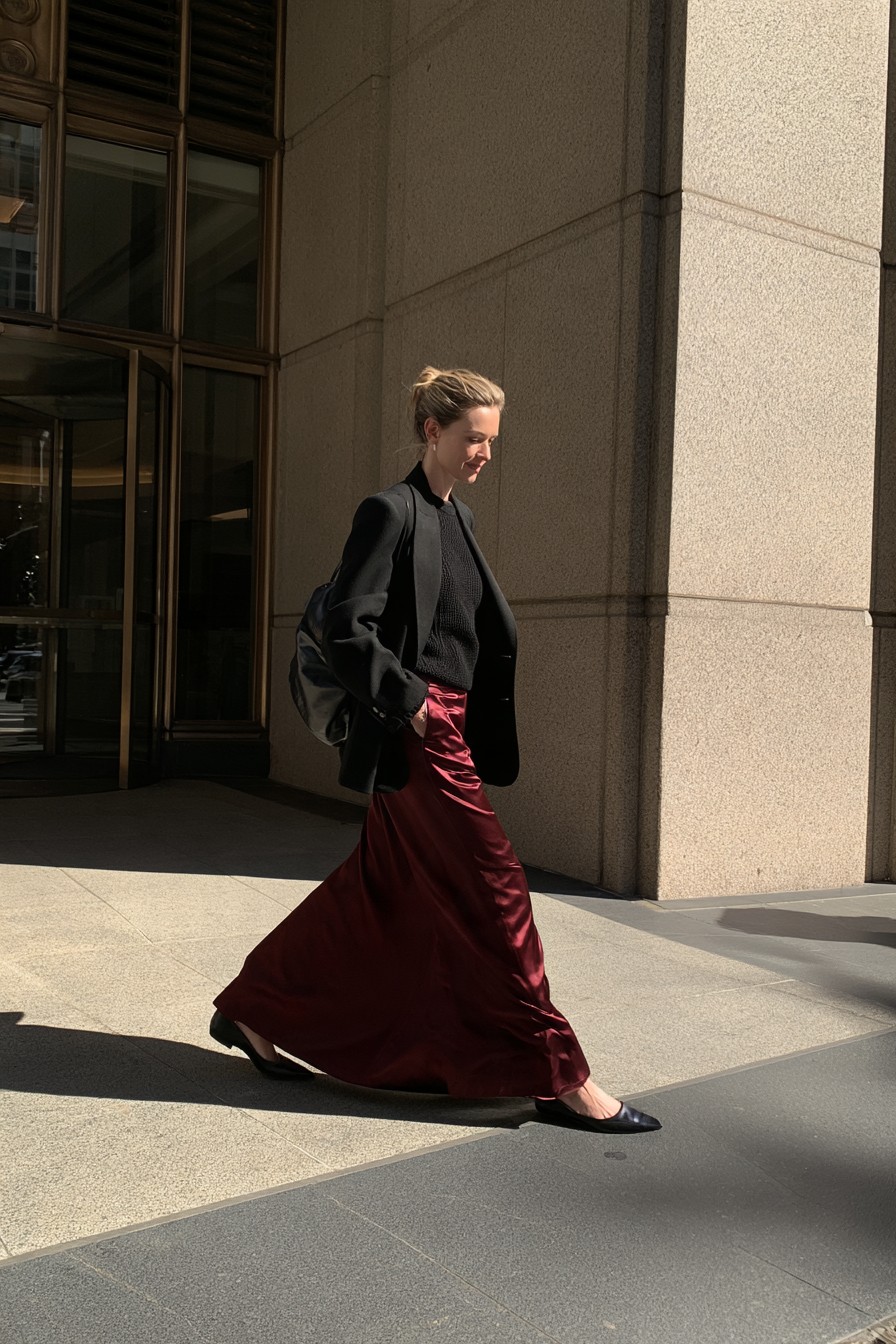 Woman walking past a stone building in a long burgundy satin maxi skirt, black top and relaxed black blazer