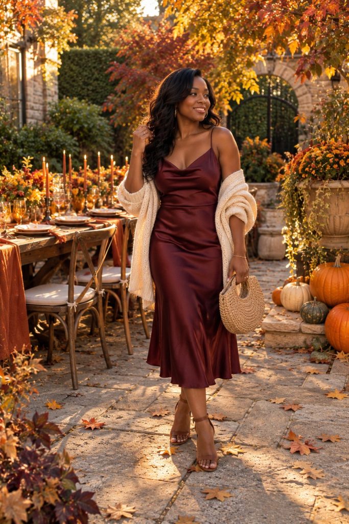 Burgundy satin slip dress with a woven bag
