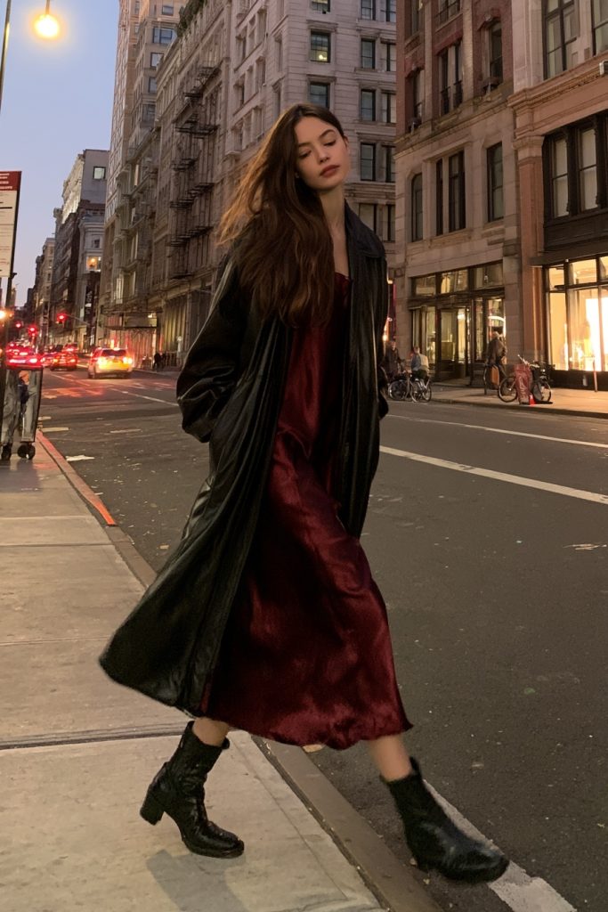 Woman in a deep burgundy midi slip dress with a black leather jacket and black boots on a city street