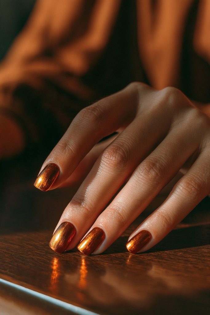 Short nails with a metallic copper and bronze chrome finish resting on a wooden table