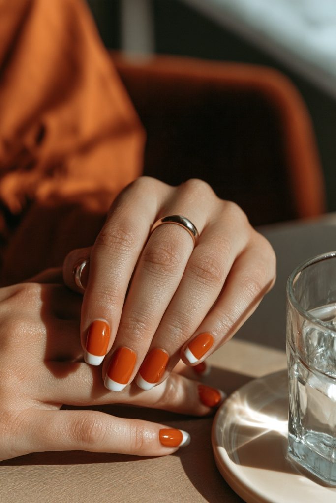 Short burnt orange nails with white tips next to a silver ring and a glass of water