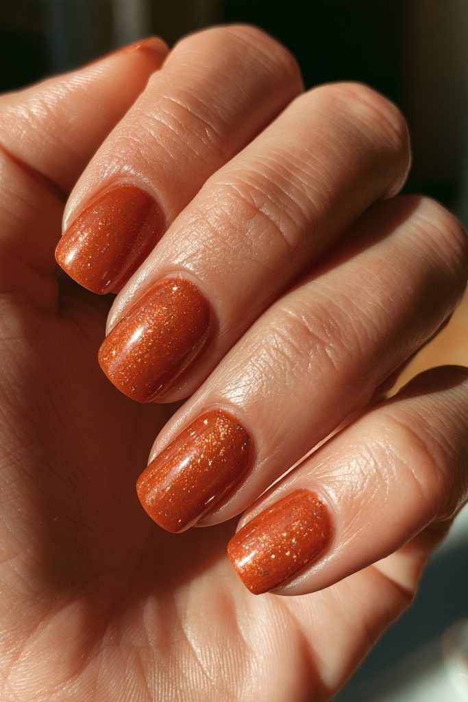 Close-up of short burnt orange nails with a fine golden shimmer catching the light