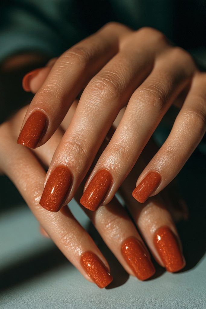 Both hands overlapping, showing medium length burnt orange nails with a faint sparkle against a dark teal background
