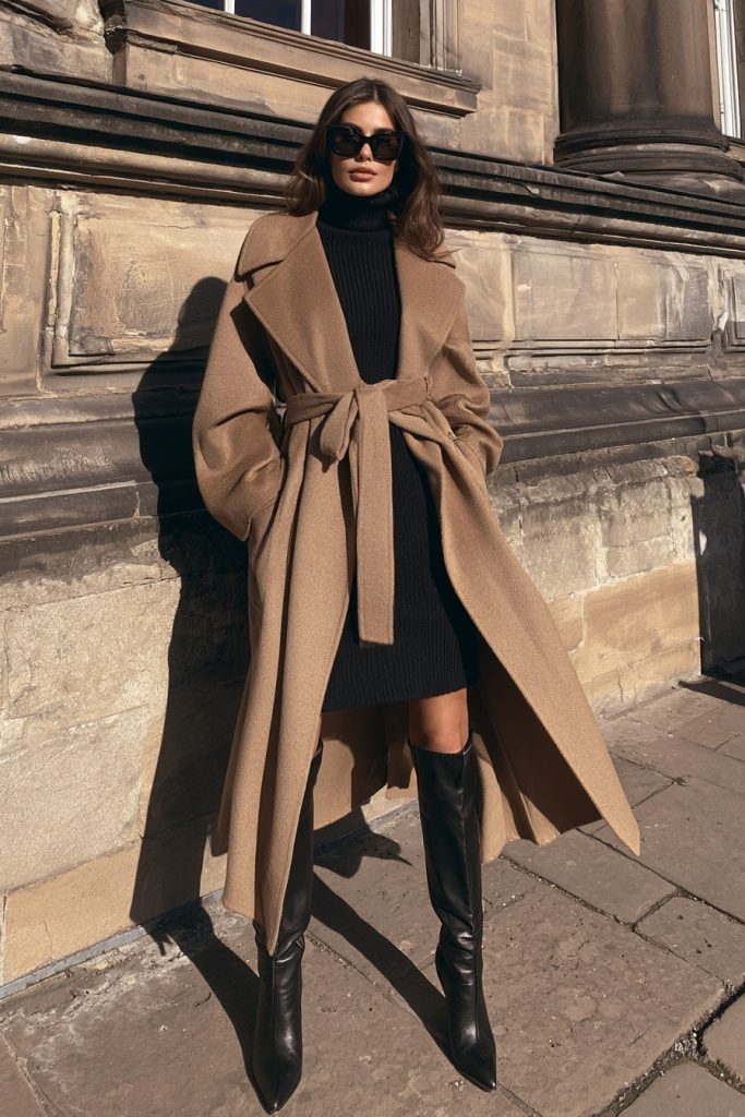 Woman in a belted camel wool coat over a black turtleneck dress with black knee high boots in front of a stone building