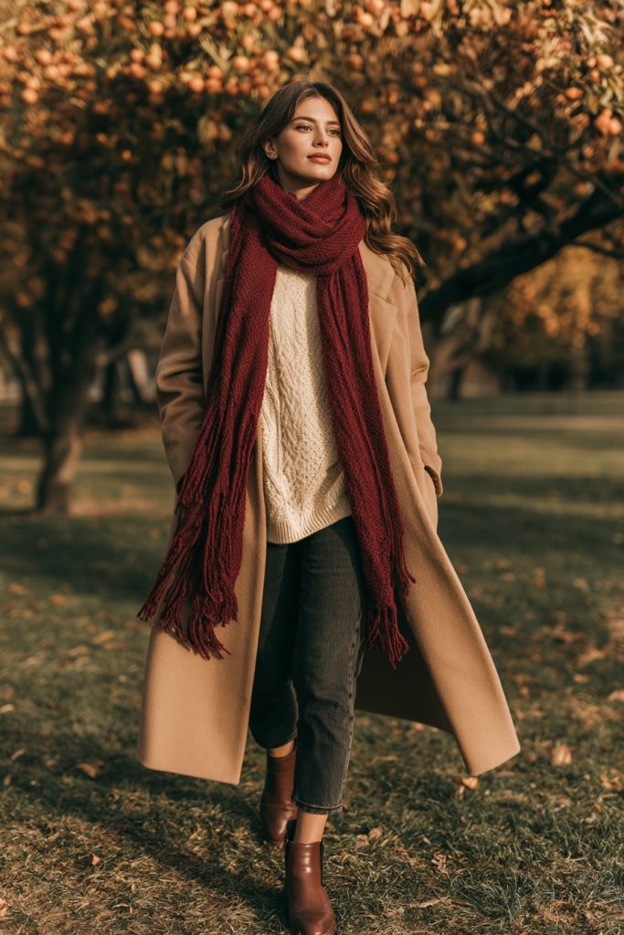 Woman in a camel coat with a burgundy scarf over a cream sweater with dark jeans and ankle boots in an autumn park