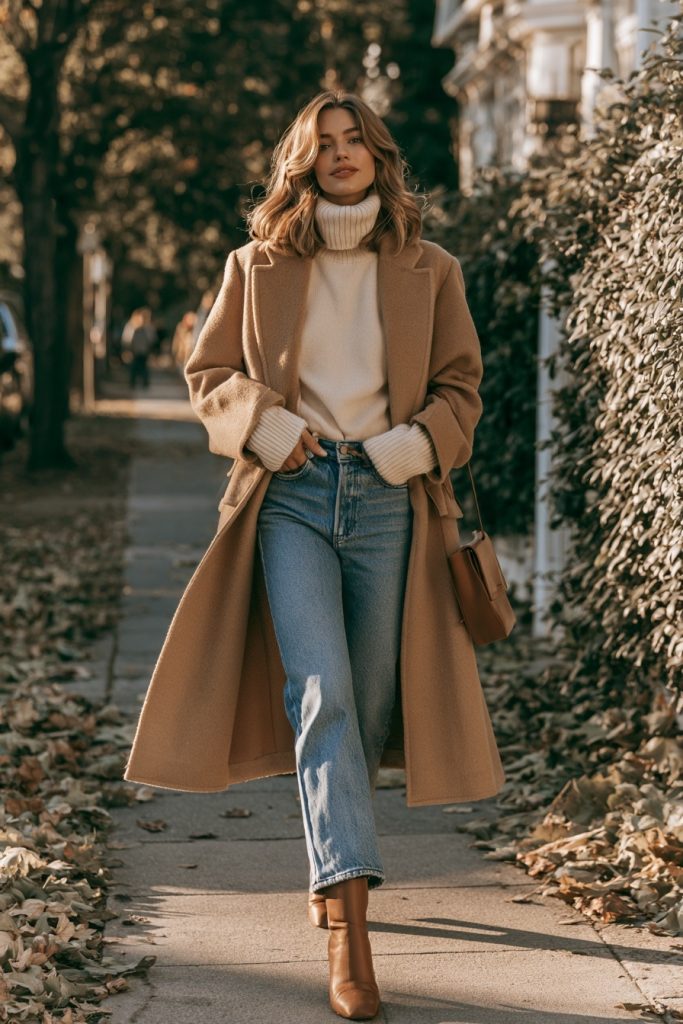 Woman in a long camel wool coat over a cream turtleneck with straight leg jeans and brown boots on a leafy sidewalk