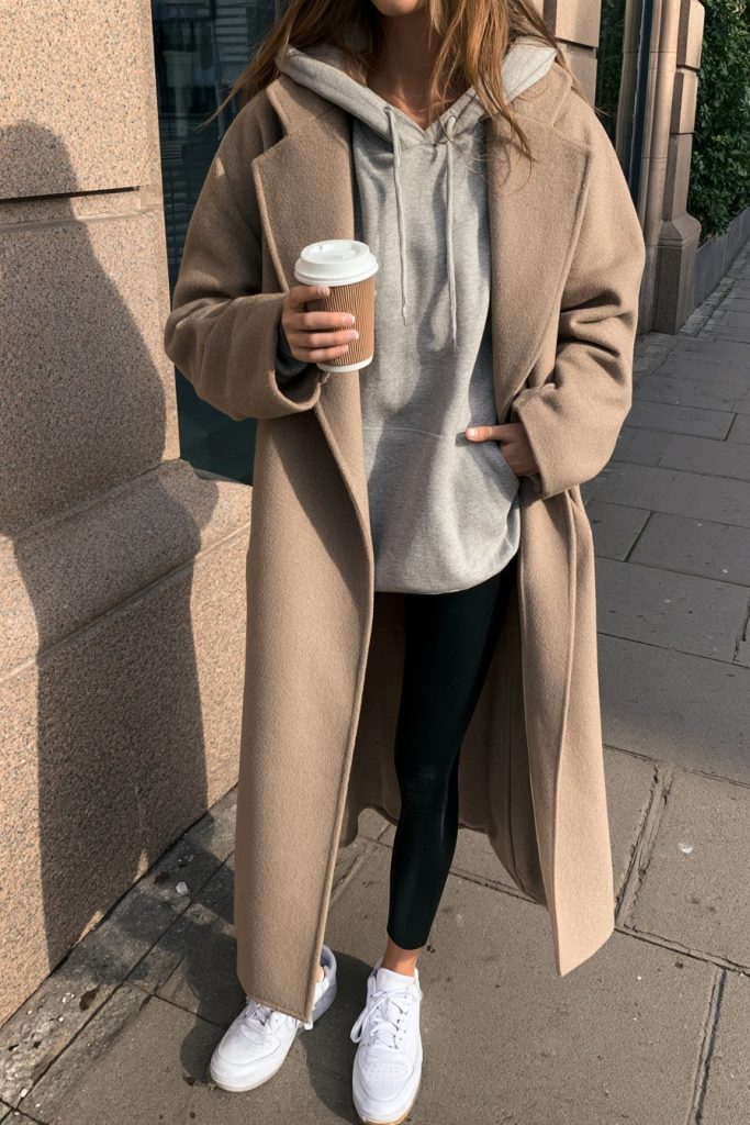 Woman in a long camel coat open over a gray hoodie and black leggings with white sneakers holding a coffee cup