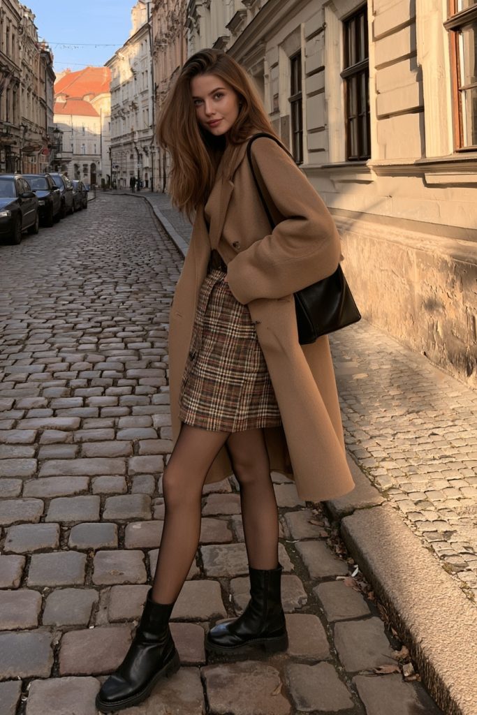 Woman in a short camel coat with a plaid mini skirt black tights and black boots on a cobblestone street