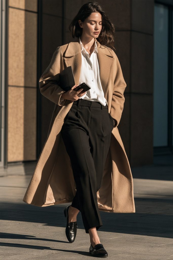 Woman in a long camel coat over a white shirt with black tailored trousers and black loafers