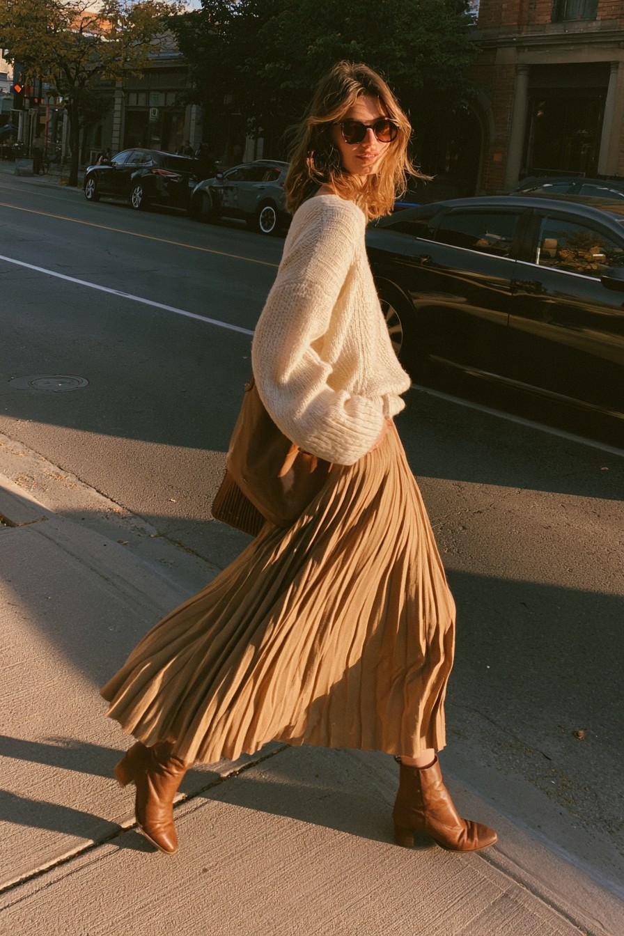 Woman in sunglasses walking down a city street at golden hour in a long camel pleated skirt, cream knit sweater and brown ankle boots