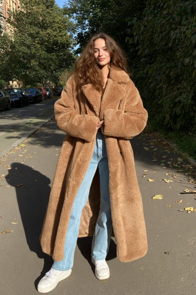 Woman in a long camel faux fur teddy coat with light blue jeans standing on a tree-lined street with fallen leaves