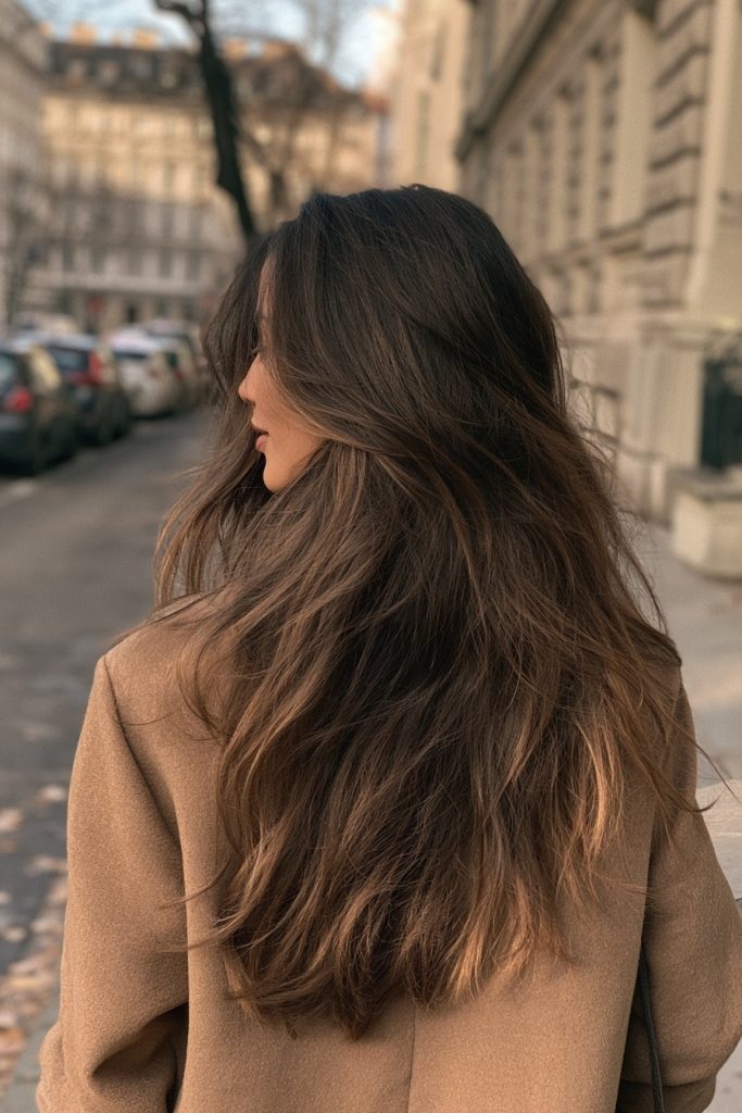 Woman seen from behind with long straight dark brown hair with soft caramel balayage and a camel coat on a city street