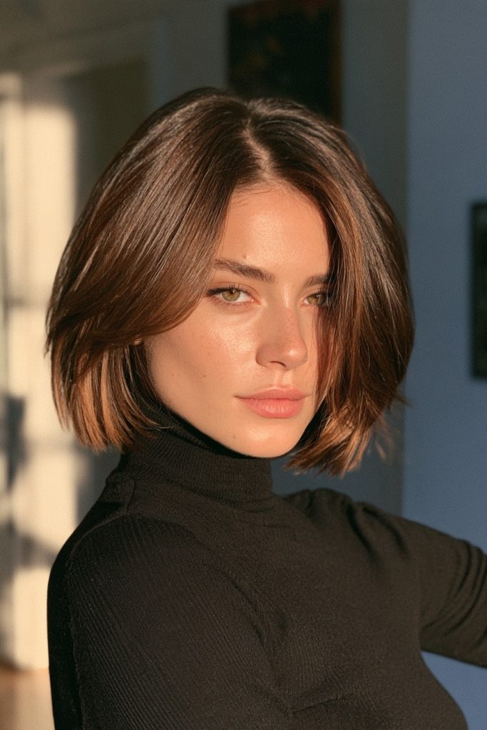Woman with a brown bob with soft caramel highlights wearing a black turtleneck