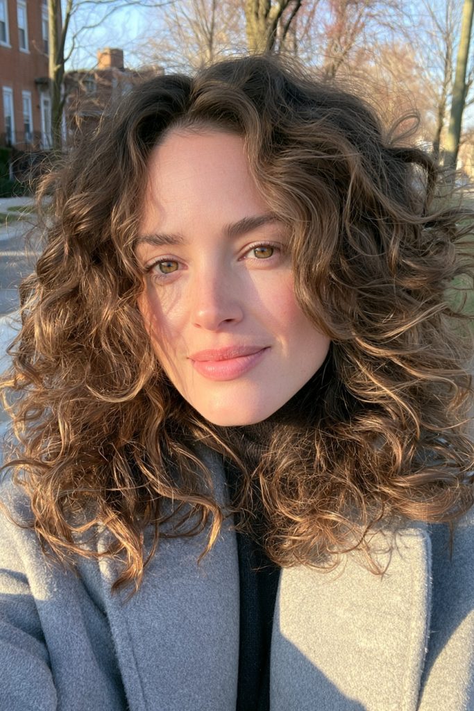 Woman with curly brown hair with honey caramel highlights wearing a grey coat