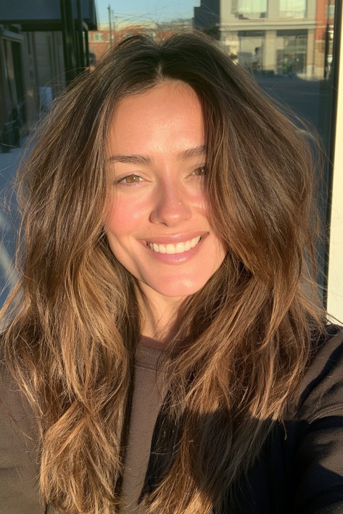 Smiling woman with long layered chestnut hair and caramel face-framing highlights