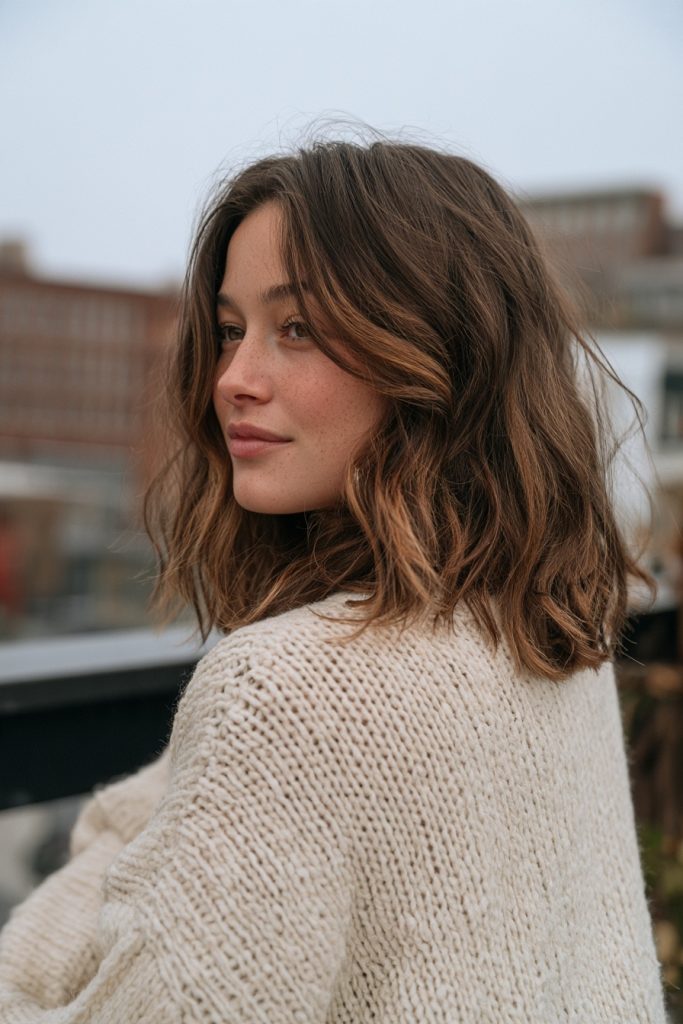Woman with shoulder-length wavy brunette hair with caramel highlights wearing a cream sweater, looking over her shoulder
