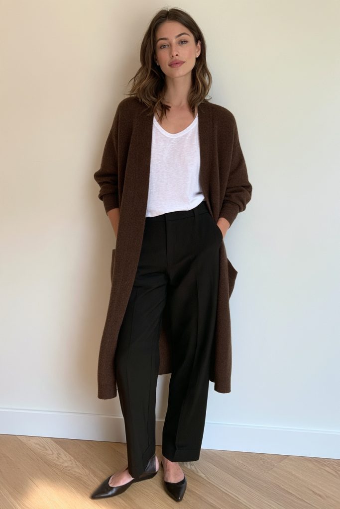Woman in a long chocolate brown cardigan over a white tee with black wide trousers and black pointed flats against a plain wall