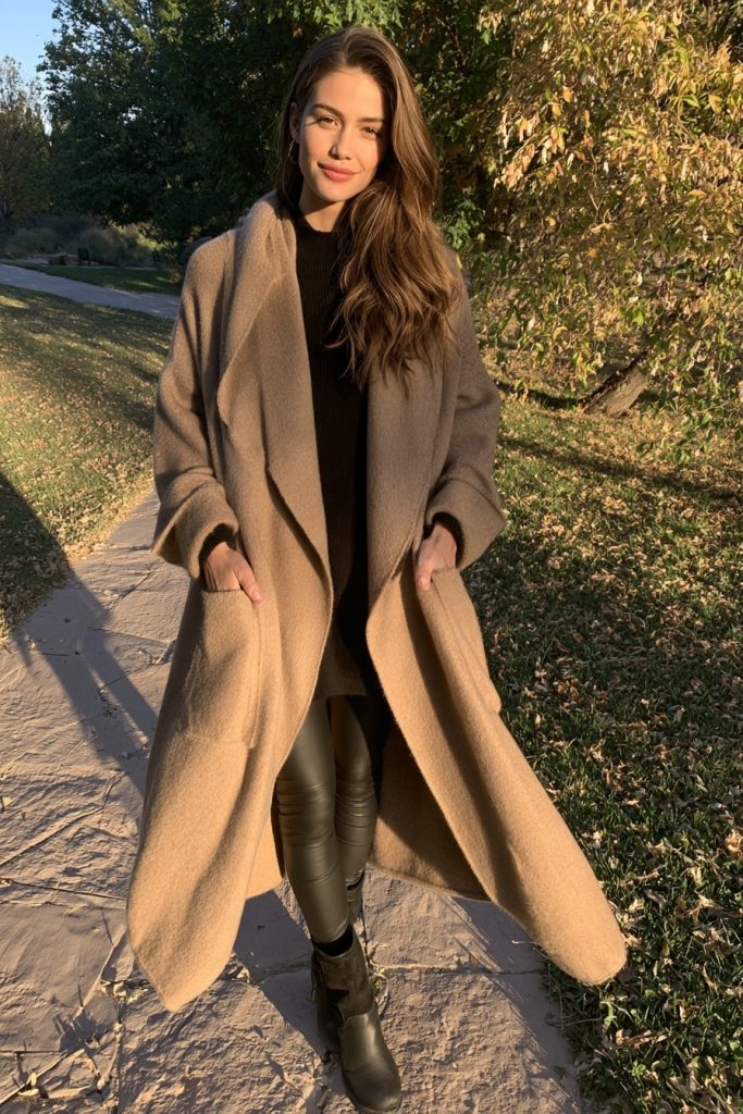Woman in a long camel knit wrap coat over a black top and black leggings with black boots standing in a sunny park