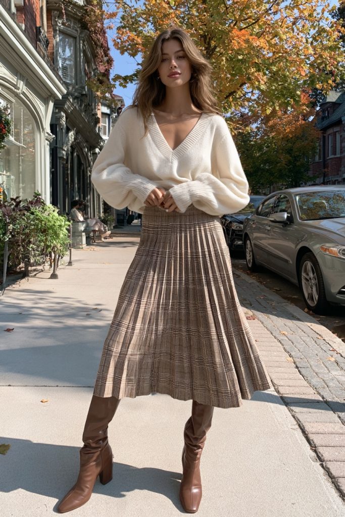 Woman in a cream knit sweater, brown and cream plaid pleated midi skirt and tall brown boots on an autumn street
