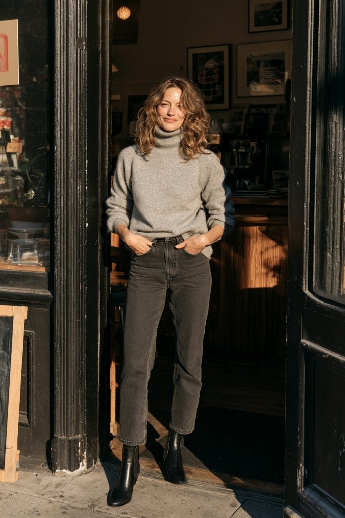 Woman in a grey turtleneck, dark straight-leg jeans and black ankle boots standing in a cafe doorway