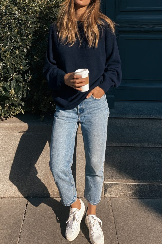 Woman in a navy sweater, light-wash relaxed jeans and white sneakers holding a takeaway coffee on a sunny street