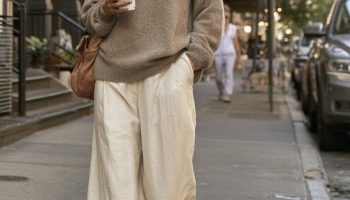 cashmere sweater outfit oatmeal cream trousers