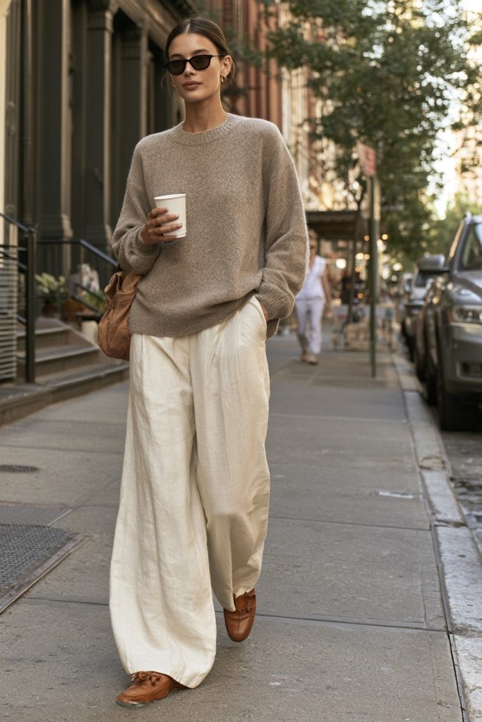 Woman in an oatmeal crewneck sweater, cream wide-leg trousers and tan loafers holding a takeaway cup on a sunny city sidewalk