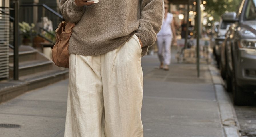 cashmere sweater outfit oatmeal cream trousers