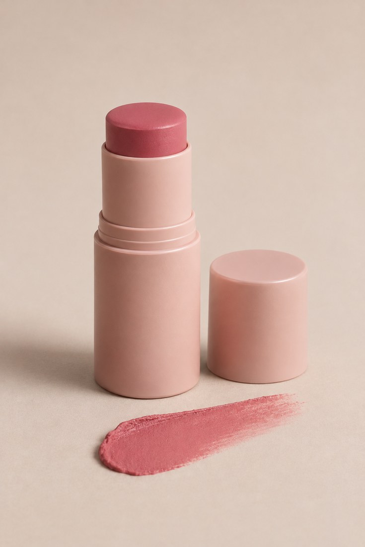 Rose pink cream blush stick with a twist-up case on a soft oatmeal backdrop