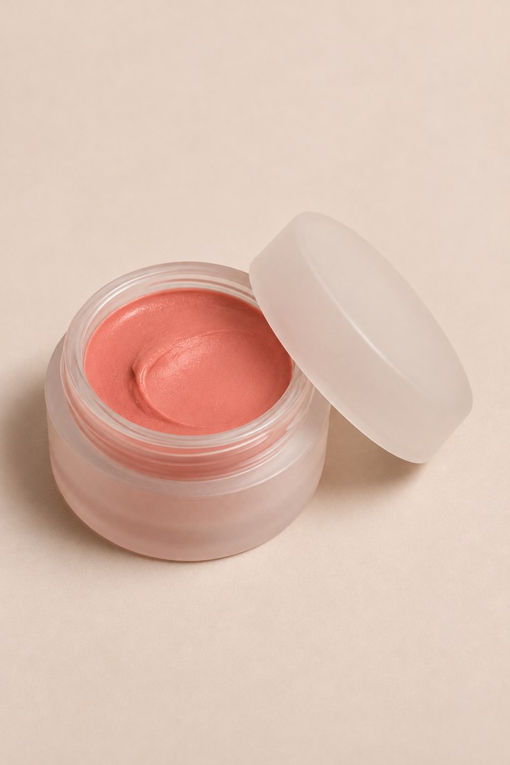 Open round pot of peach putty blush with a fingertip swirl on a warm cream backdrop