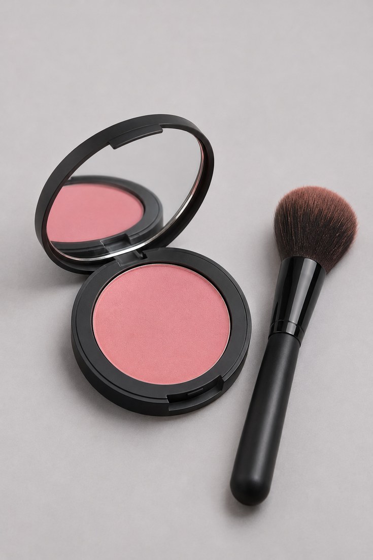Open powder blush compact in soft pink with a fluffy brush on a pale grey backdrop