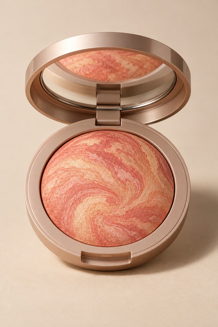 Marbled baked powder blush in coral and peach tones in a round compact on a beige backdrop