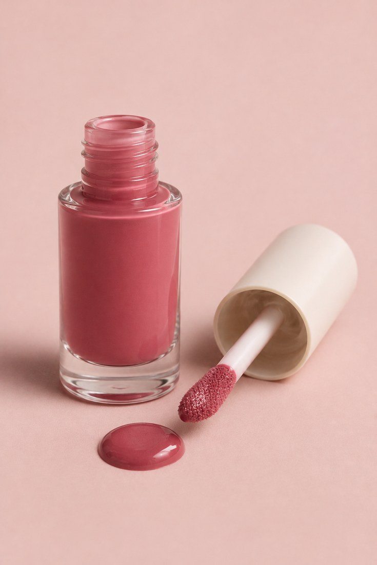 Small glass bottle of liquid blush with a wand applicator and a pink dot beside it on a blush backdrop