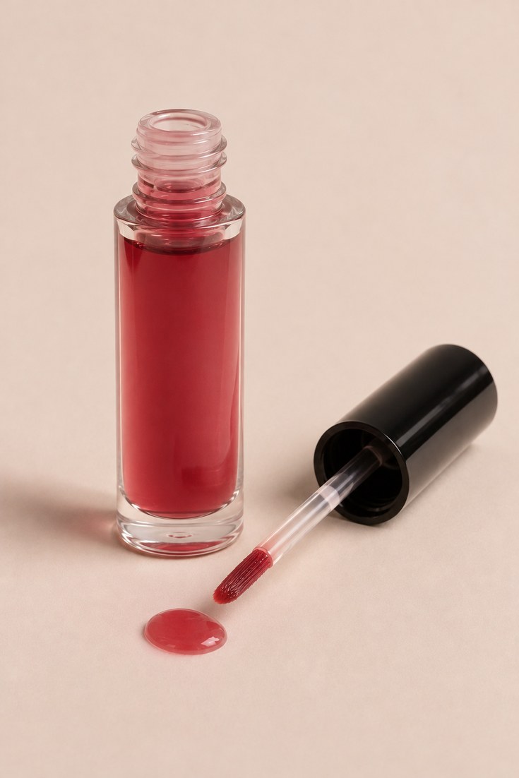 Slim bottle of rosy lip and cheek tint with a drop of colour on a soft beige backdrop