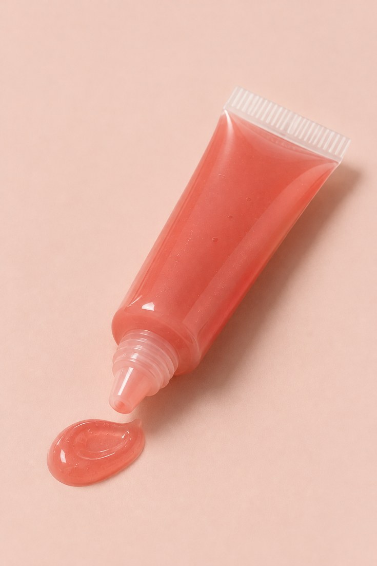 Squeeze tube of translucent gel cream blush with a dab of colour on a pale peach backdrop