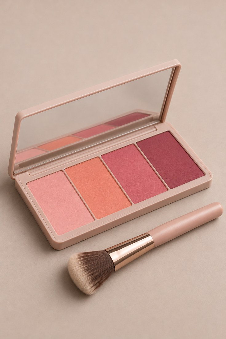 Open blush palette with four pink and peach shades and a small brush on a neutral backdrop