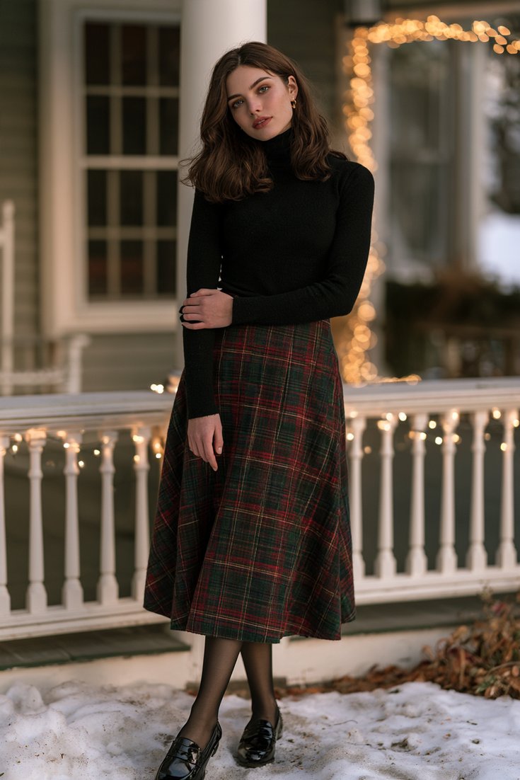 Woman in a red and green plaid wool midi skirt, black turtleneck, black tights and loafers, christmas eve outfits idea