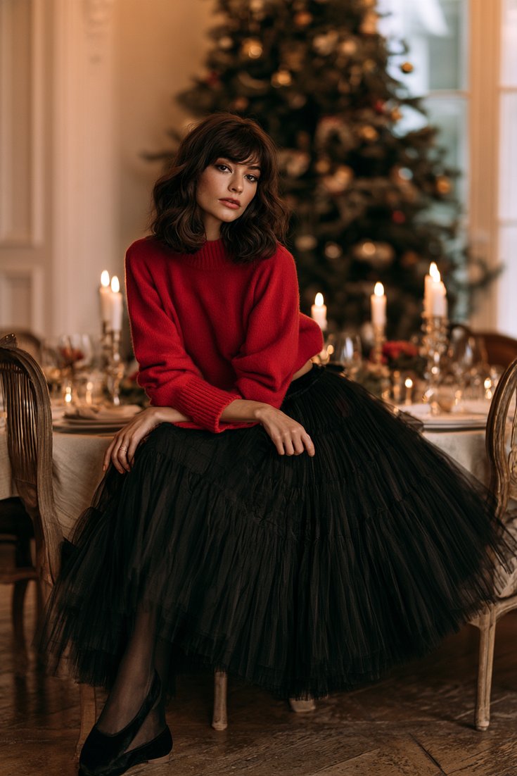 Woman in a red cashmere sweater and black tulle midi skirt with black ballet flats at a holiday dinner, christmas eve outfits idea