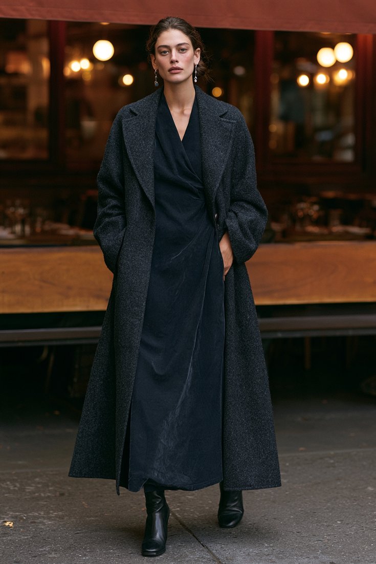 Woman in a navy velvet slip dress under a tailored charcoal wool coat with ankle boots and statement earrings, christmas eve outfits idea