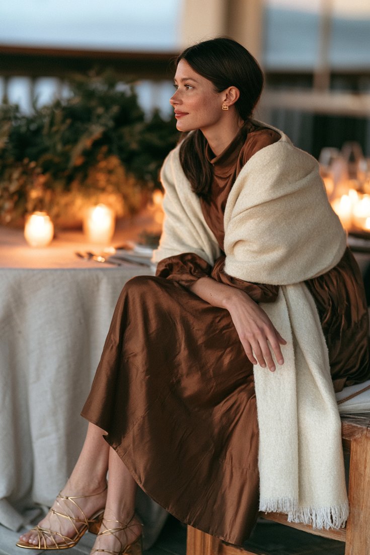 Woman in a chocolate brown satin midi dress with a cream wool wrap and gold heels at a candlelit Christmas Eve dinner, christmas eve outfits idea