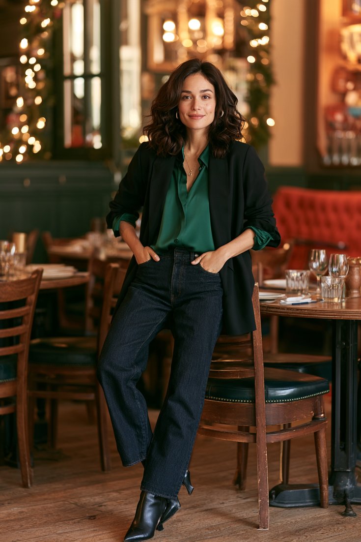 Woman in dark straight jeans, an emerald silk blouse and a black blazer with pointed ankle boots at a casual Christmas Eve dinner, christmas eve outfits idea