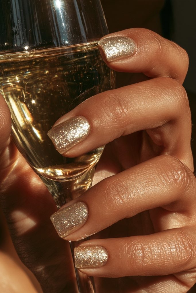 Close-up of a hand with short champagne gold glitter nails holding a glass of champagne